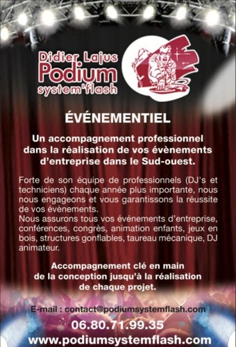 Plaquette événementiel Podium System Flash animation dj Pau